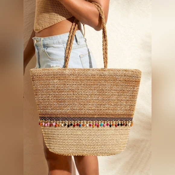 Boho Beaded Straw WovenTote Bag Purse Handcrafted Beach Summer Vibes For Woman - Picture 1 of 5
